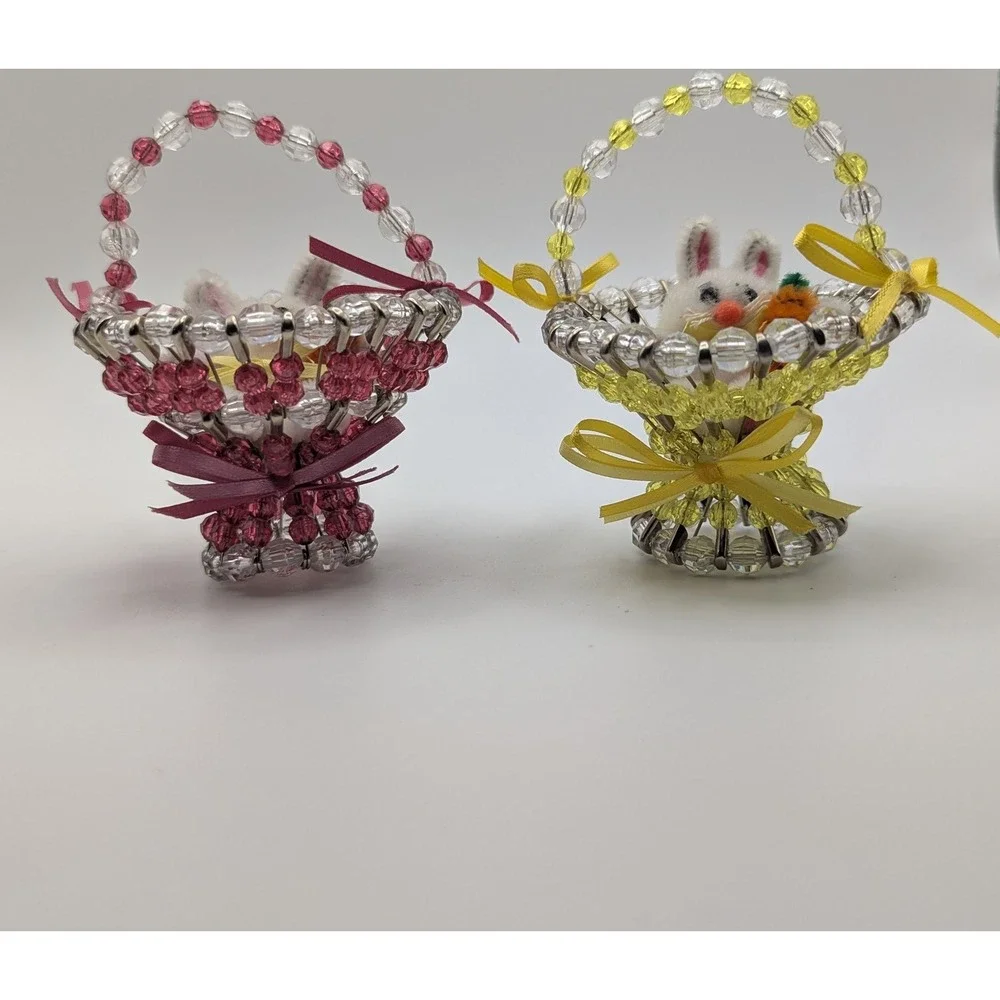 Vintage Handmade Safety Pin Beaded Easter Basket Bunny Set‎ Pink Yellow 2pc